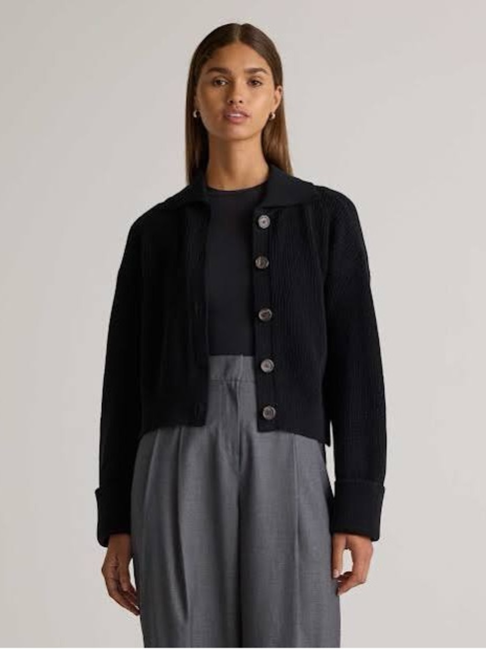 Quince Organic Cotton Black Button-Front Ribbed Sweater small